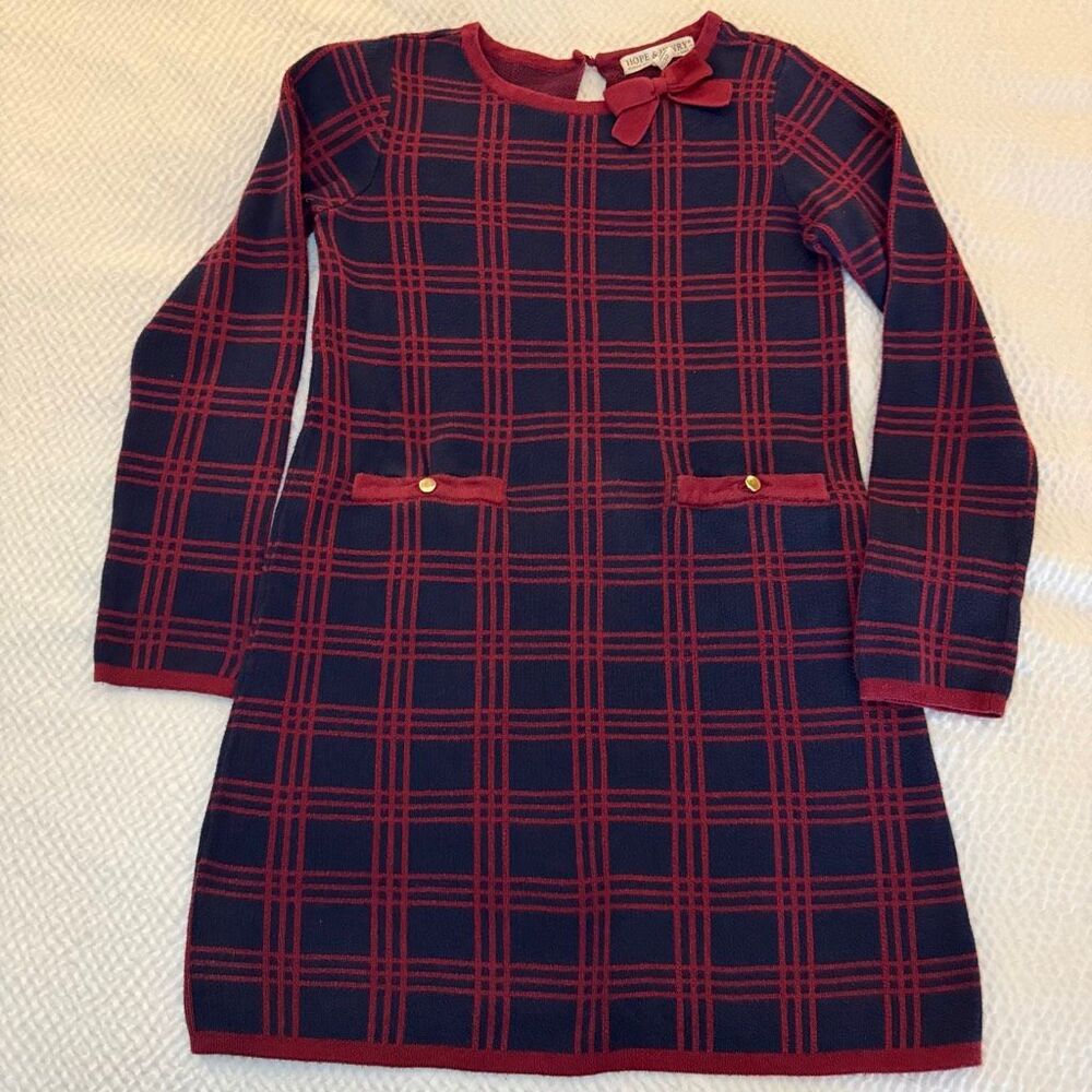 Hope & Henry | Windowpane Sweater Dress Navy Red Bow | Girls 10